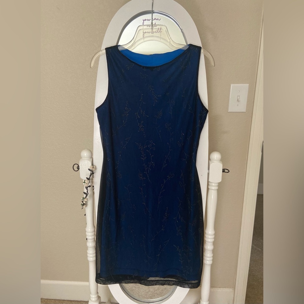 Y2K No Boundaries Blue & Black Glitter Mesh Sheath Party Dress | Medium (7/9)